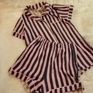 Koch striped knit Lounge short set/ pajamas / coverup - pink & black